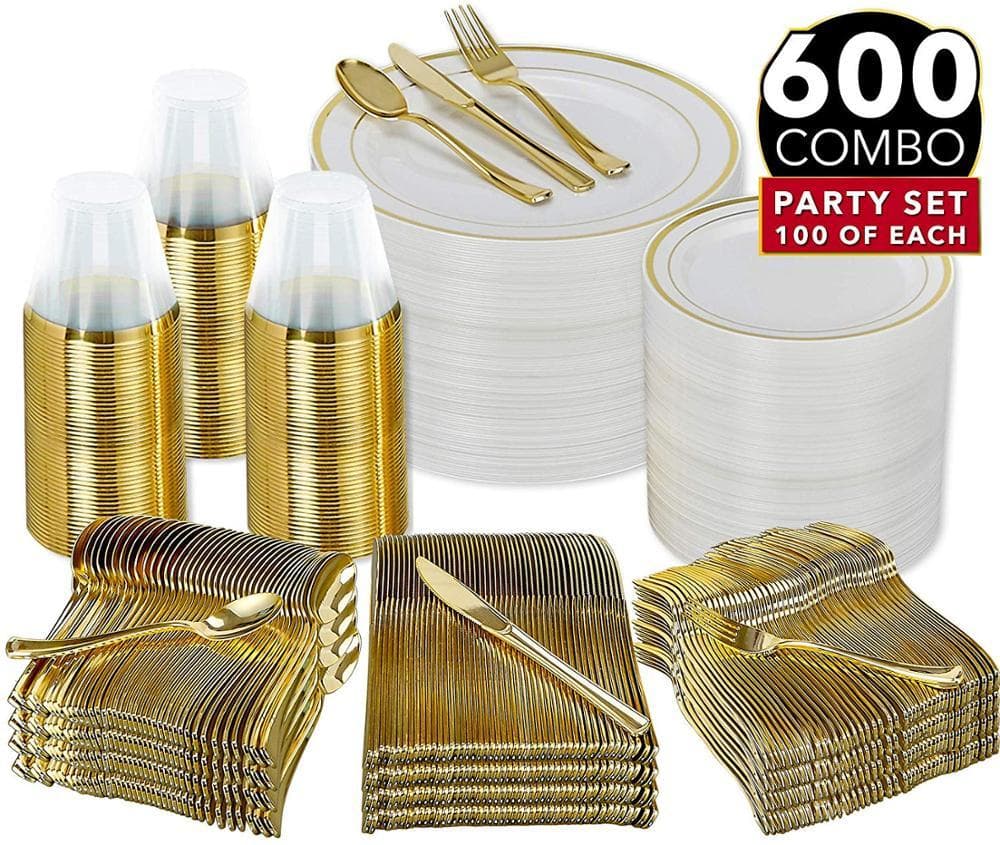 600 Piece Gold Dinnerware Party Set -100 Dinner Plastic Plates - 100 9oz Cup- 100 Gold Plastic Silverware Set