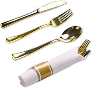 Pre Rolled Gold or Silver Coated Napkin and Silver Cutlery Wrapped Party Silverware Set Plastic Gold Rolled Plastic Cutlery