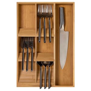 Compact Bamboo Kitchen Drawer Organizer for Silverware, Gadgets & Flatware