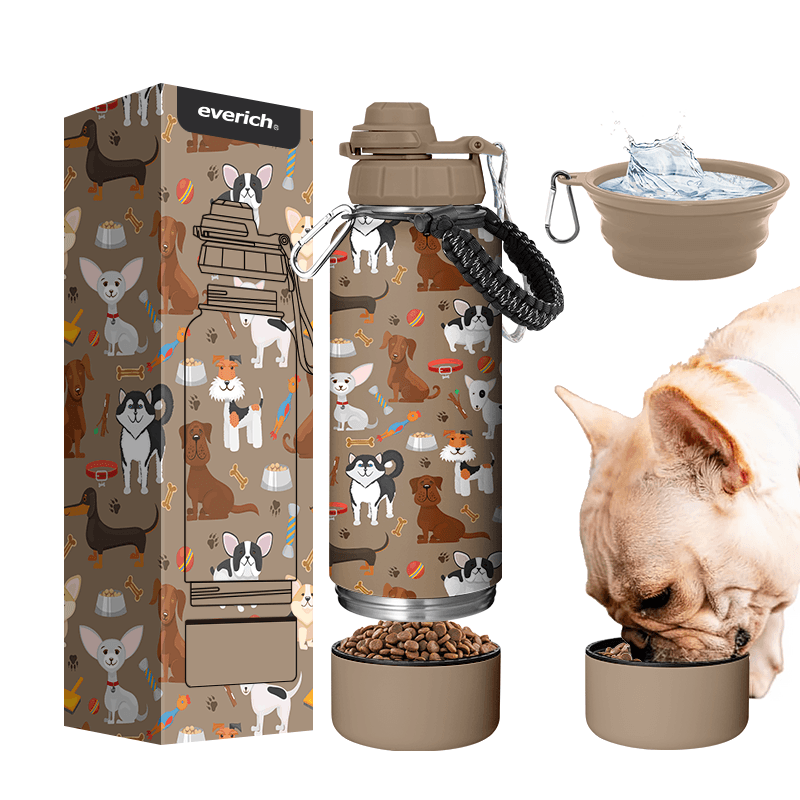 Everich 3 in 1 Customized Pattern Double Wall Stainless Steel Vacuum Portable Dog Water Bottle With Dog Bowl for Outdoor Travel