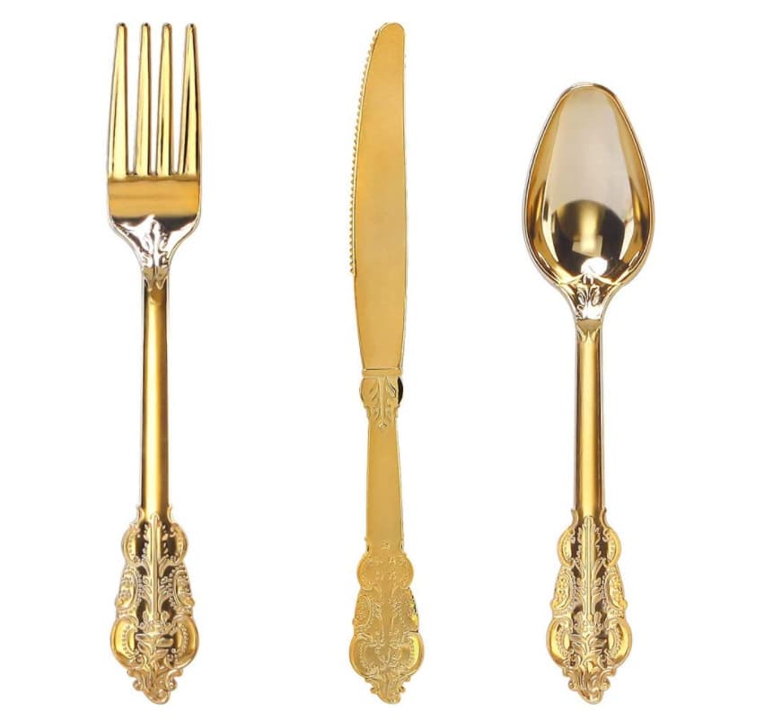 BST Luxury Disposable Plastic Cutlery Set Silverware Dinnerware Flatware with Gold Fork Spoon Knife for Camping Weddings