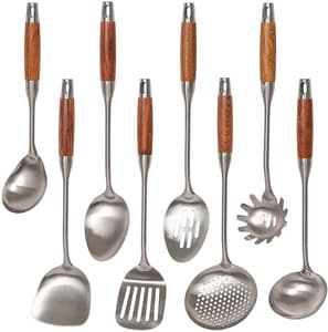 8Pcs Stainless Steel Kitchen, Cooking Home Serving Utensils Set ,Custom,Accessories,Teak Handle, storage,silverware