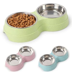 Cat Dog Water Feeder Stainless Steel Double Bowl Plant Fibres Plastic Shell Round Shape Pet Double Bowl