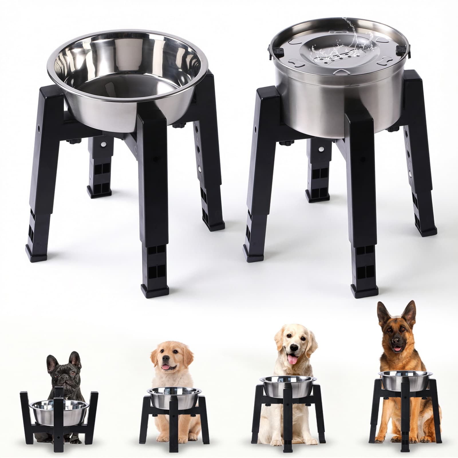 Portable 4 Heights Adjustable Elevated Pet Bowl Stand Stainless Steel Dog Food Bowl and Water Bowl