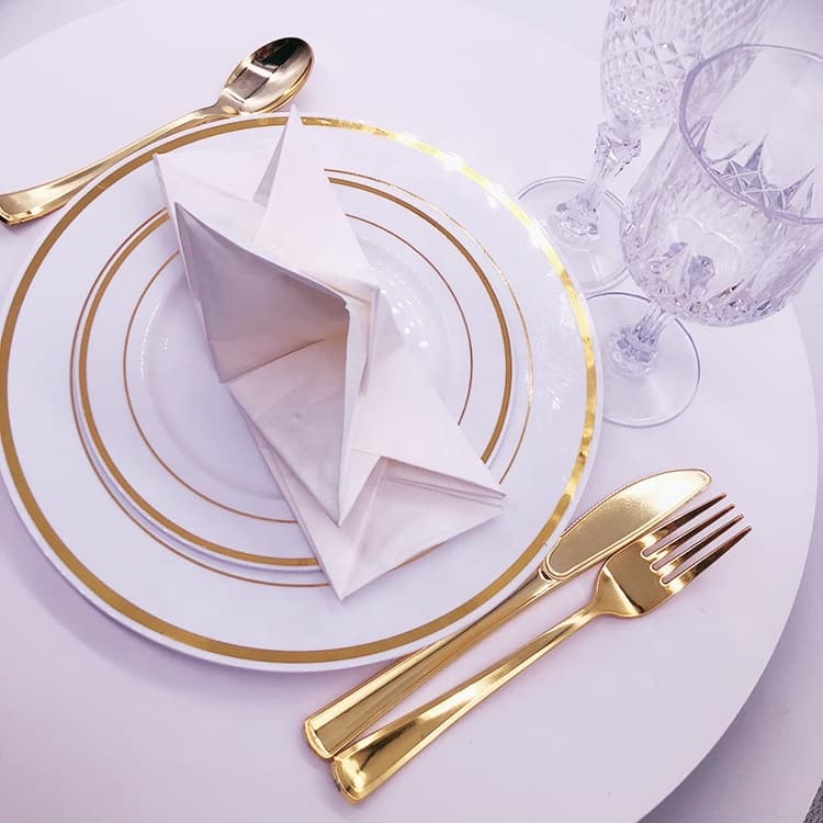 Premium Gold Plastic Silverware Plate Heavy Weight Disposable Wedding Dinnerware Set for Party