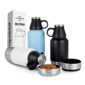 Everich Double Wall portable 3 in1 pets Stainless Steel travel 32oz dog water bottle with two food containers feeder bowl