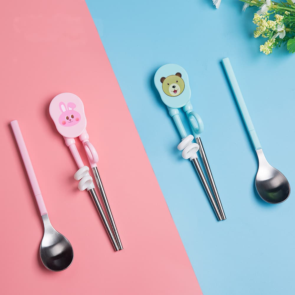 2-Piece Stainless Steel Cutlery Set with Lovely Rabbit Cover PP Kids Training Flatware Business Gift