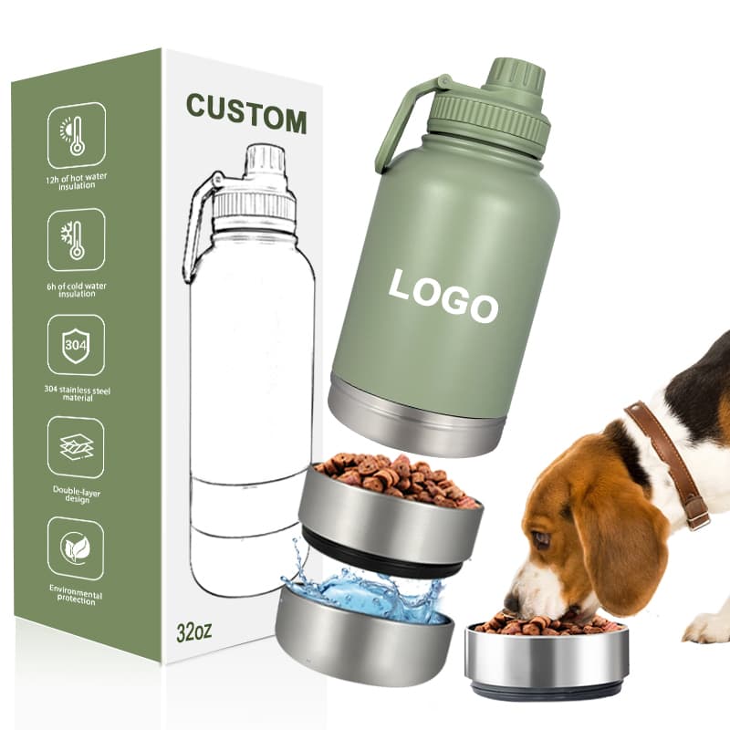 32oz Stainless Steel Dog Water Bottle Bowl Customizable Portable Feeder Detachable Bottom Vacuum Travel Cup Waterproof 3-in-1