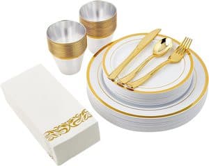 175 Piece Gold Dinnerware Set 25 Guest-50 Gold Rim Plastic Plates-75 Plastic Silverware set -25 Gold Plastic Cups-25 Napkins
