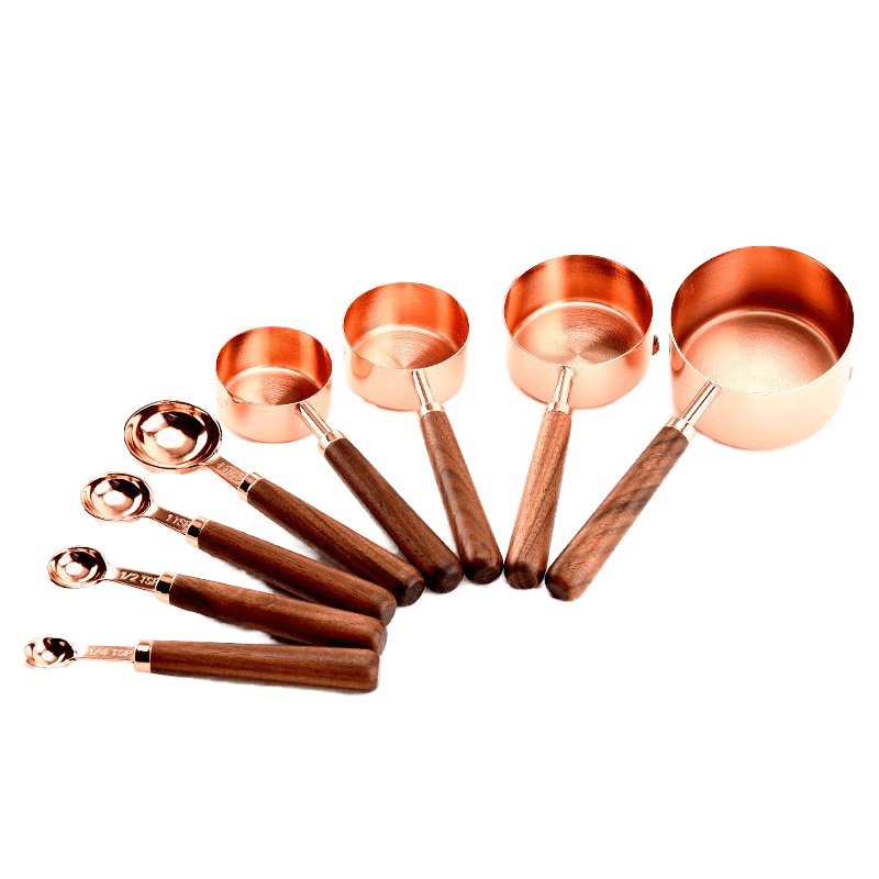 Rose Gold Walnut Wooden Handle Cooking Coffee Cake Stainless Steel Measuring Cups and Spoons Set