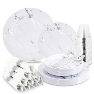 Wedding Party Marble Design Disposable Plastic Dinnerware Set With Silverware And Gold Rim Cups White And Gold Plastic Plates