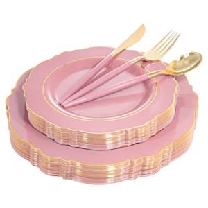 25 Guest Pink Plastic Plates with Gold Rim& Disposable Gold Plastic Silverware & Cups&Hand Napkin