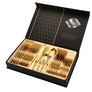 Hot selling amazon luxury 1010 stainless steel 24 pcs gold cutlery set silverware with gift box case wholesale