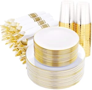 350pcs Gold Plastic Dinnerware Set,Gold Plastic Plates,Gold Plastic Silverware with Pre Rolled Napkin