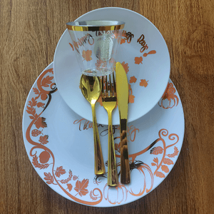 125PCS Thanksgiving Plastic Plates White and Rose Gold Plastic Plates Gold Plastic Silverware