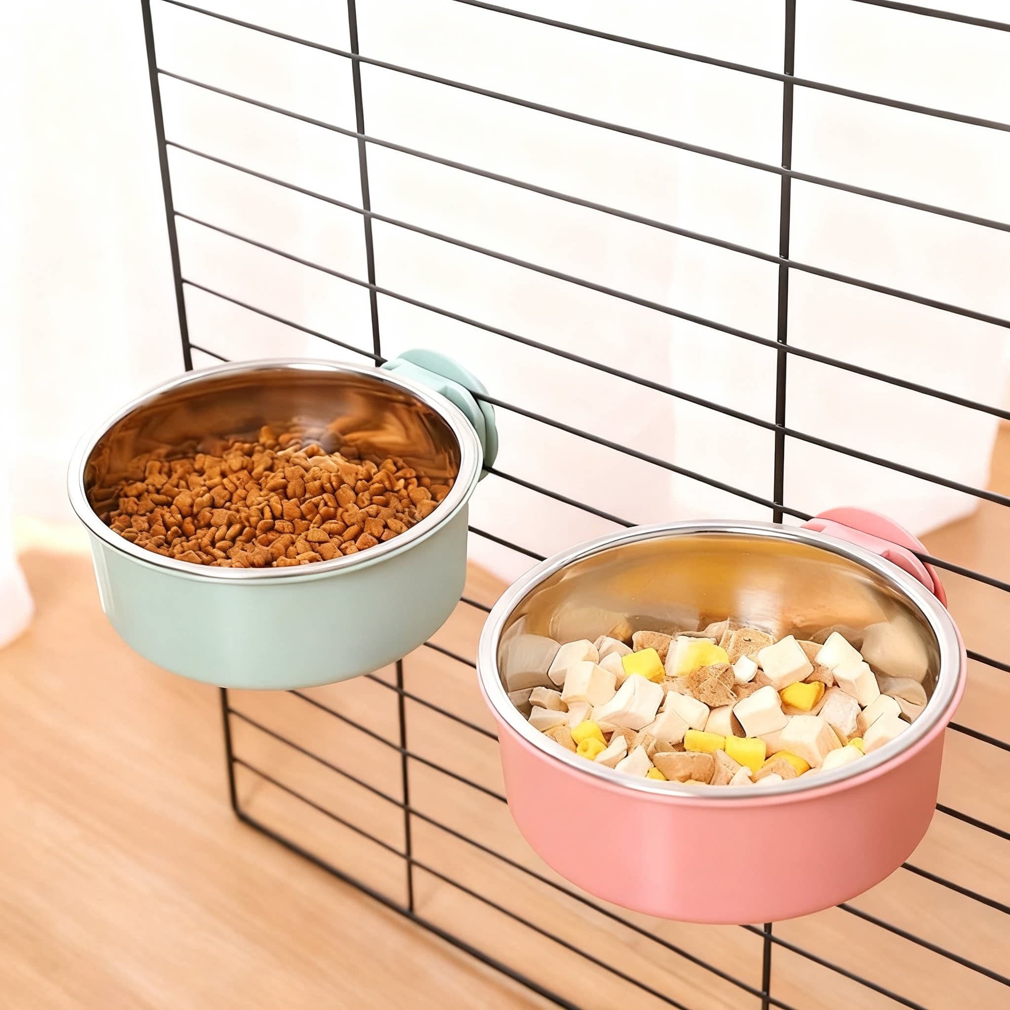 2-in-1 Pet Hanging Stainless Steel Water Food Bowl Dog Cat Cage Anti-Tipping Hanging Bowl with Bolt Holder