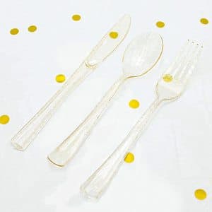 Golden Yellow Plastic Silverware Dinnerware Disposable Glitter Gold Fancy Party Utensils Cutlery Fork Knife Spoon Flatware Set