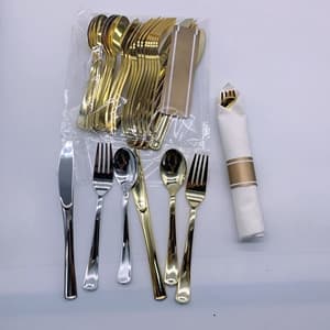 Pre Rolled Silver or Gold Coated Napkin and Silver Cutlery Wrapped Party Silverware Set Plastic Gold Rolled Plastic Cutlery