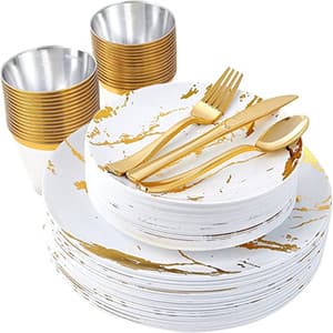 10.25 inch Heavy Duty White and Gold Marbling Plastic Plates with disposable silverware-elegant for party