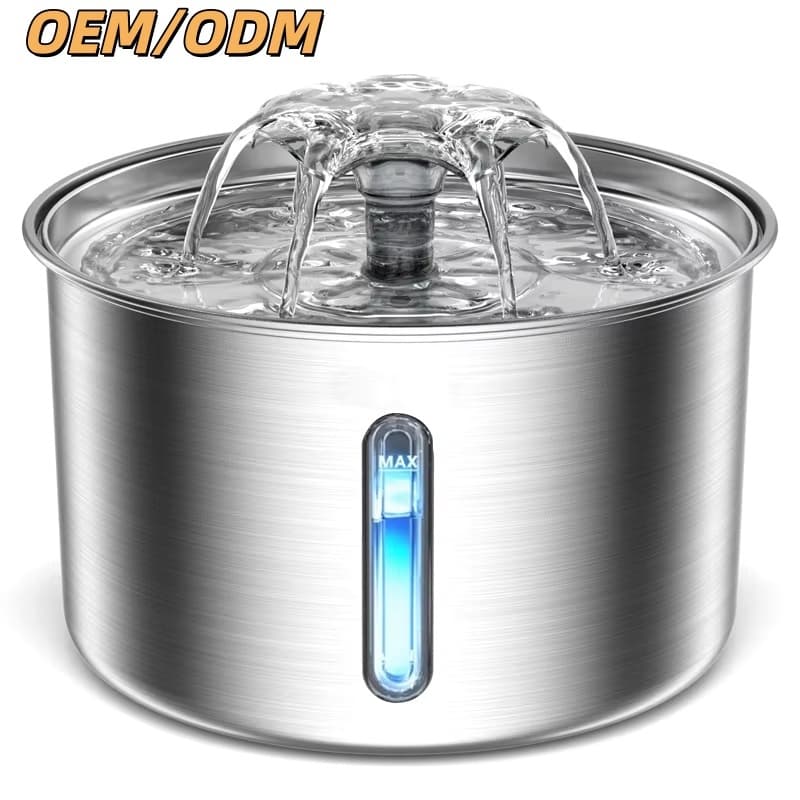 OEM/ODM Dog Water Fountain Stainless Steel Ultra Quiet 3L Eco-friendly IPX5 Waterproof USB Powered Rounded Design LED Pet Bowl