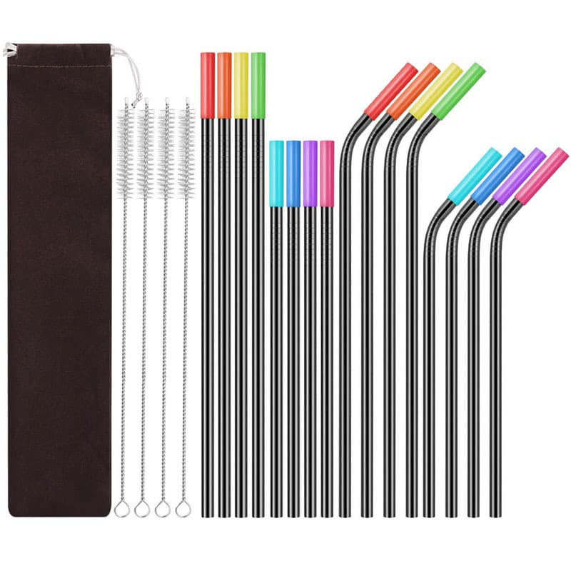 Eco-Friendly Black Stainless Steel Reusable Bent Drinking Straws with Silicon Tips Pouch Included