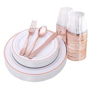 150 Pieces Gold Plastic Plates & Silverware & Cups 25 Dinner 25 Salad Plates 25 Forks 25 Knives 25 Spoons 25 9Oz cup