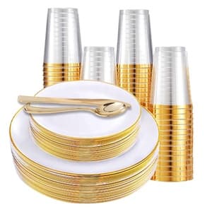 100 Piece Gold Rim Dinnerware Set Dinner Plastic Plates 9oz cup Gold Plastic Silverware set