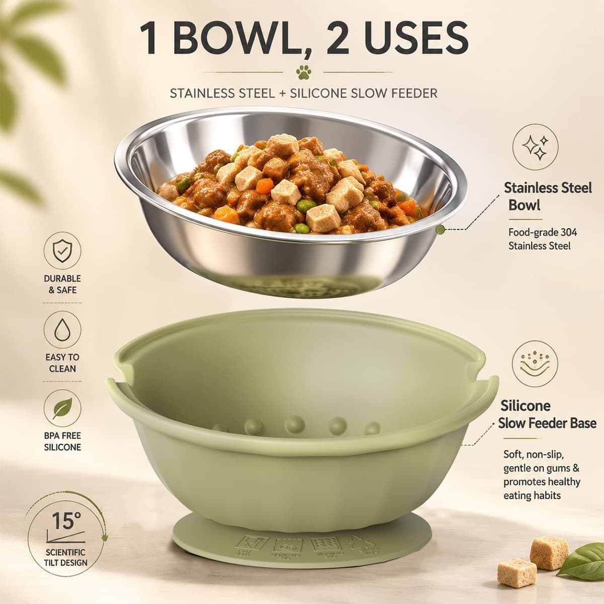 2-in-1 Silicone Stainless Steel Pet Bowl Elevated Raised Dog Cat Feeding Bowl Neck Protection Anti-slip Pet Food Water Bowl