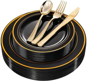 125 Black Plastic Plates with Gold Rim & Disposable Gold Plastic Silverware - Premium Heavyweight Plastic Tableware for Wedding
