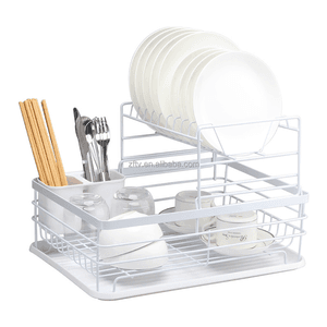 Kitchen Dish Drainer Drying Rack with Drip Tray and Full-Mesh Silverware Storage Basket, Black,White