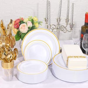 Luxury elegant gold party disposable plastic silverware plates spoon knife fork napkin straw set rose silver wedding cutlery