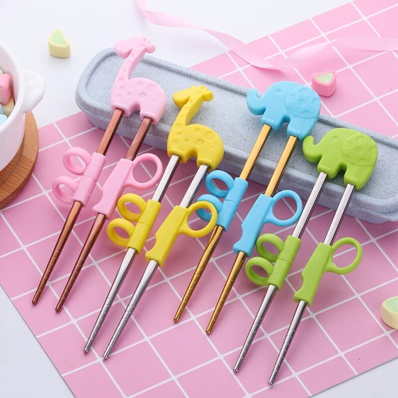BISDARUN Children Learning Chopsticks Golden Stainless Steel Lovely Kids Training Chopsticks with Silicon Animal