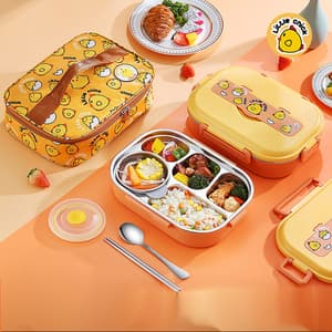 Small yellow children's stainless steel insulated lunch box 4 grids cartoon separated tableware lunch box wholesale