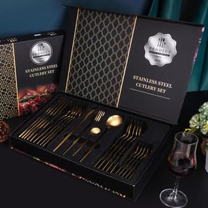 Luxury Matte Polish Black Gold plated 24 Pcs Stainless Steel Thick Knife Spoon Fork Silverware Gift Box Flatware Cutlery Set