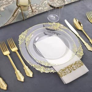 150pcs Clear Plastic Plates with Gold Rim Gold Silverware Include Dinner Plates Dessert Plates Gold Cutlery Sets and Cups