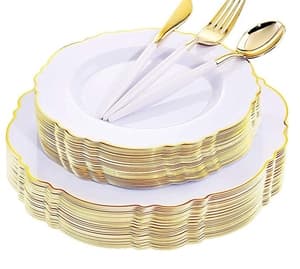 Gold Plastic Plates Disposable Gold Plastic Silverware With White Handle- Baroque White Gold Plastic Dinnerware