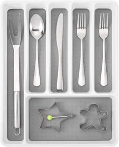 Kitchen Cutlery Tray Silverware Drawer Organizer with Multi-Purpose Storage Silverware Soft-grip Lining and Non-slip Rubber Feet