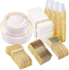 350 Pieces Gold Dinnerware Set 50 Guests-100 Clear Gold Plastic Plates-150 Gold Plastic Silverware-50 Disposable Cups