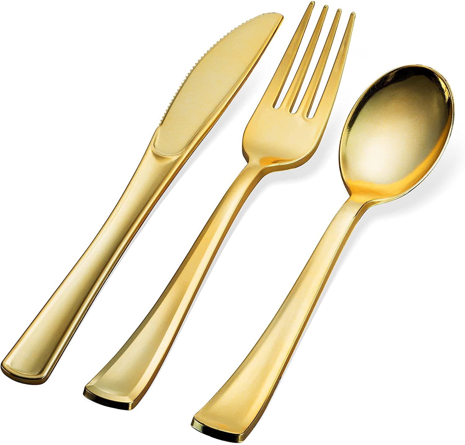 Gold Plastic Silverware Set, Disposable Flatware, Heavyweight Cutlery, Silver Luxury Spoon Fork Knife for Wedding Party