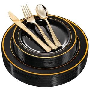 125 Piece Black Plastic Plates with Gold Rim & Disposable Gold Plastic Silverware - Premium Heavyweight Plastic Tableware