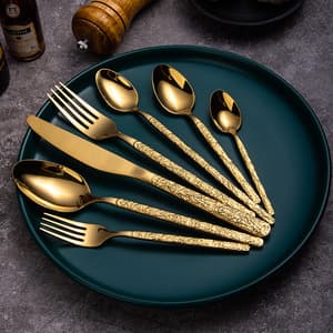 Bulk hammered handle luxury gold cutlery stainless steel golden modern silverware flatware set for wedding events