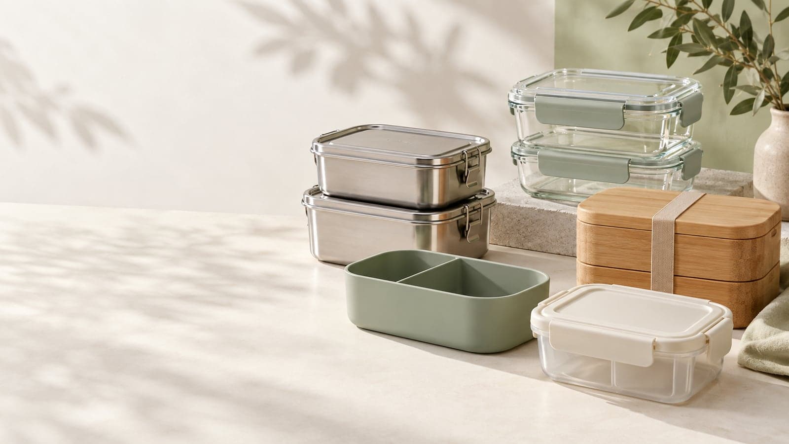 Bento lunch containers in stainless steel, glass, wood, silicone, and plastic
